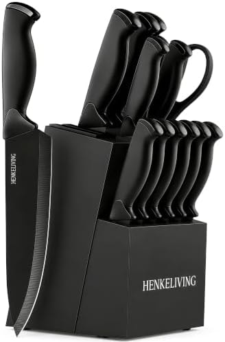 HENKELIVING 14-Piece Black Kitchen Knife Block Set with Built-In Sharpener