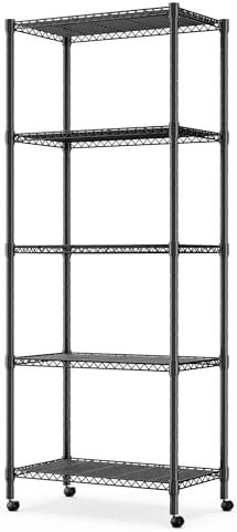 Simple Deluxe 5-Tier Heavy Duty Adjustable Shelf with Wheels, 23.23”W x 13.39”D x 59.45”H,Metal Storage Rack, Easy Tool-Free Assembly for Garage, Warehouse, Basement, Laundry, Black