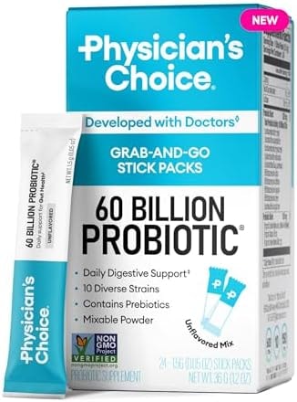 Physician’s Choice 60 Billion CFU Probiotic Stick Packs - 10 Strains + Prebiotics - Immune, Digestive & Gut Health - Supports Occasional Constipation, Diarrhea, Gas & Bloating - for Women & Men - 24CT