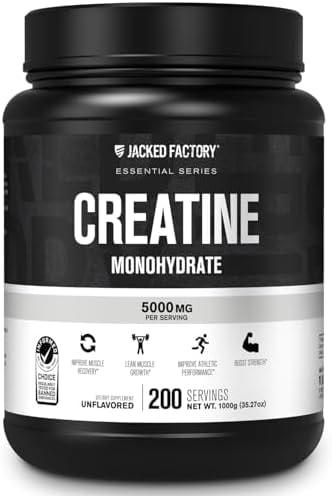Jacked Factory Creatine Monohydrate Powder 1000g - 5g Daily Creatine Supplement for Men and Women, Vegan-Friendly, Third-Party Tested - 200 Servings, Unflavored