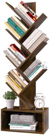 Yoobure Tree Bookshelf - 6 Shelf Retro Floor Standing Bookcase, Tall Wood Book Storage Rack for CDs/Movies/Books, Utility Book Organizer Shelves for Bedroom, Living Room, Home Office, Rustic Brown