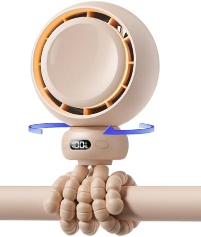 Bearwind Mini Portable Stroller Fan – 60° Auto Oscillation, Quiet USB-C Rechargeable Baby Fan, 4 Speeds, Night Light & Warning Light, Flexible Tripod for Stroller, Car Seat, Crib, Camping (Brown)
