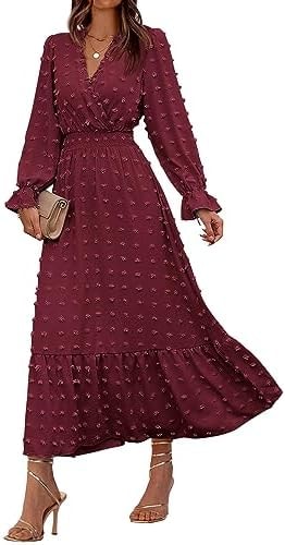 BTFBM Women Fall Maxi Dresses 2025 Long Sleeve V Neck Swiss Dots High Waisted A-Line Ruffle Boho Long Dress Vacation(Wine Red,XX-Large)