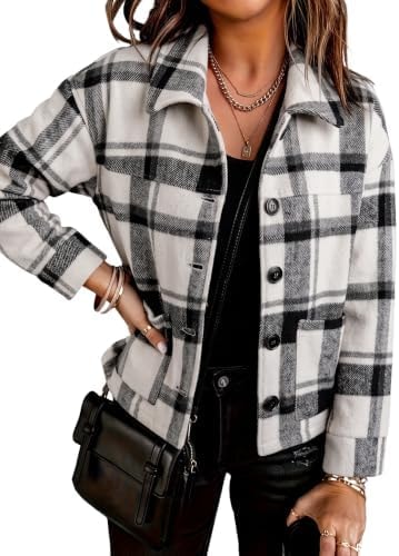 Womens Winter Flannel Plaid Crop Shacket Jackets Long Sleeve Lapel Outwear