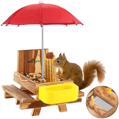 MIXXIDEA Wooden Squirrel Feeder Table with Water Bowl, Squirrel Picnic Table for Outside with Umbrella, Brown Squirrel Feeder with Corn Cob Holder Cute Chipmunk Feeder (Brown)