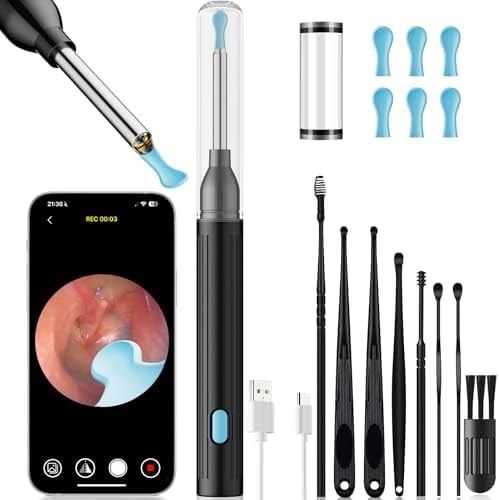 Ear Wax Removal Tool with Camera - 1296P HD Ear Cleaner Otoscope with 6 LED Lights, Wireless Earwax Remover Kit with 8 Pcs Ear Picks, WiFi Ear Scope Cleaning Kit for iPhone (Onyx)