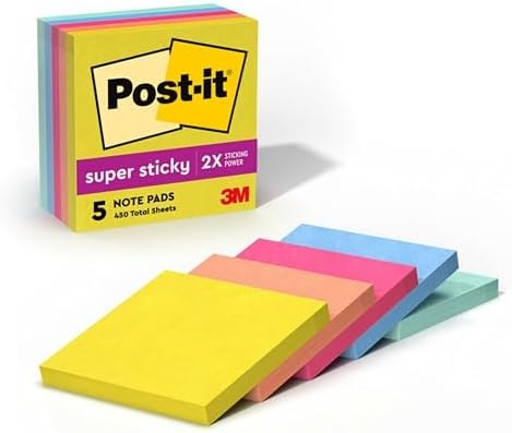 Post-it Super Sticky Notes, 3 x 3 in, Summer Joy, 5 Pads, 90 Sheets/Pad
