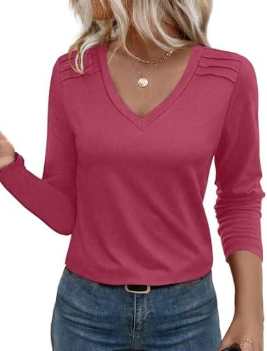 JUSTFASHIONNOW Pleated Long Sleeve Shirts for Women V Neck Dressy Casual Business Blouses Fall Tops 2025 Trendy(Red,Small)