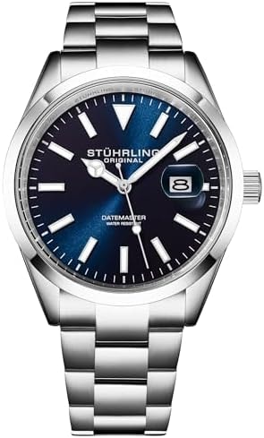 Stuhrling Original Datemaster Quartz Men’s Watch – 42mm Stainless Steel, Japanese Quartz, Luminous Hands, Brass Sunray Dial, Date Window, 100M Water Resistant, Classic Everyday Wear