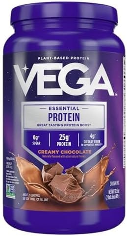 Vega Essential Protein – 25g Vegan Protein Powder, Rich Chocolate for a High Protein, Zero Sugar Shake – Large Tub, 32.5oz (20 Servings)
