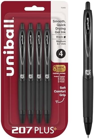 uniball™ 207 Plus+ Gel Pens, Black Ink, 0.7mm Medium Point, 4 Count