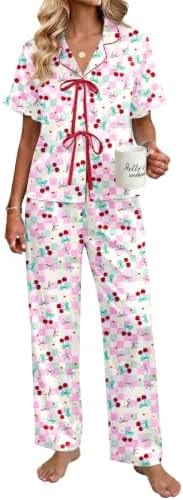 Ekouaer Silk Pajamas for Women 2 Piece Satin Pj Set Ruffle Tie Short Sleeve Sleepwear Comfy Loungewear with Pockets Plaid Cherry M