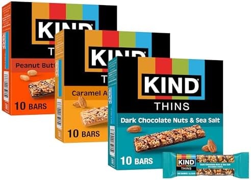 KIND Thins Snack Bars Variety Pack, Gluten Free, Low Calorie, Healthy Snacks, Dark Chocolate Nuts & Sea Salt, Caramel Almond & Sea Salt, Peanut Butter Dark Chocolate, 4g Sugar, 30 Count