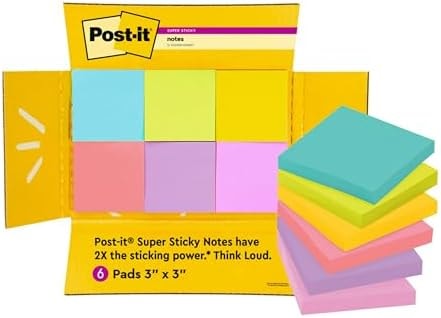 Post-it Super Sticky Notes, 3 x 3 in, Assorted Brights, 6 Pads