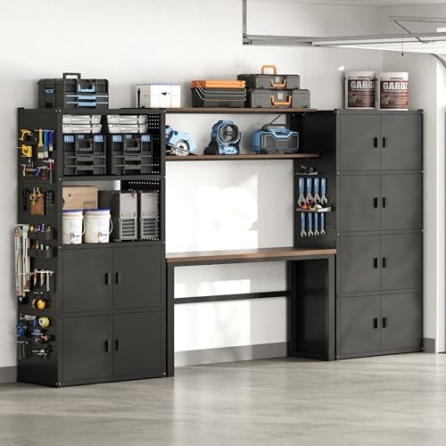 FLEXIMOUNTS Garage Storage Cabinet System, 3-in-1 Modular Metal Tool Cabinet w/ Workbench and Metal Board Shelf Includes Pegboard, 24-Gauge Steel, 117"(L) w/ 6 Doors, Black, FLEXIMOD Series