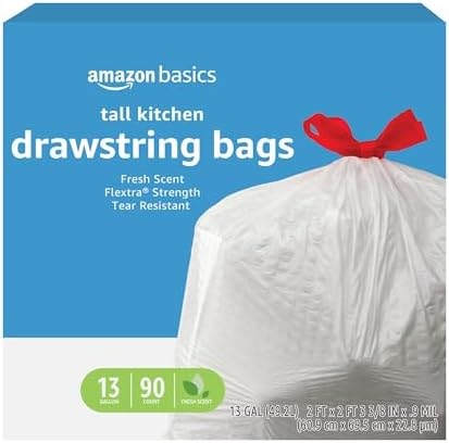 Amazon Basics Flextra Strength Tall Kitchen Drawstring Trash Bags, Fresh Scent, Tear Resistant, 13 Gallon, 90 Count
