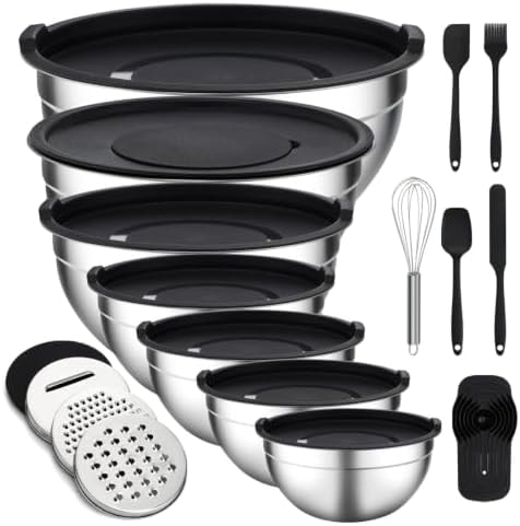 Unokit Mixing Bowls with Lids Set - 16 Pcs Stainless Steel Nesting Mixing Bowls with Grater Attachments, Mixing Bowl Set for Multi Mixing & Serving