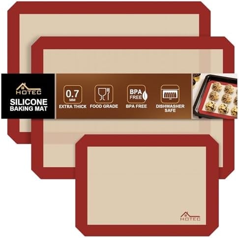 HOTEC Silicone Baking Mats 3 Pack – Thickened Non-Stick Reusable Silicone Baking Sheets for Oven – Cookie & Macaron Mats – 2 Half Sheet + 1 Quarter Sheet – BPA-Free, Dishwasher Safe