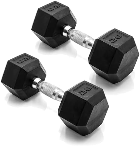 CAP 20 LB Rubber Coated Hex Dumbbell Weight, Rubber Free Weights for Home Gym Strength Training, Chrome Handle, Pair