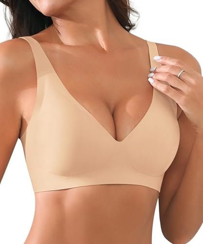 Xcutting Bras for Women No Underwire Seamless Wireless Push Up Full Coverage Bralettes Deep V Comfortable Everyday Bra, Nude-Small