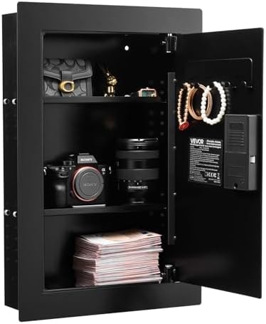 VEVOR 22" High Wall Safe, 3-Tier Hidden Wall Safe with Fingerprint, Password, Key & Turning Knob, Q235 Cold-Rolled Steel In-Wall Box with Adjustable Shelves & Key Holders, Black