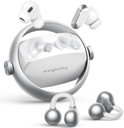 Kinglucky 2-in-1 Wireless Earbuds, in-Ear & Open Ear Clip-On Earbuds Comfortable fit, Bluetooth Headphones 5.4 with Noise Cancelling Mic, Power Swap Charging, Up to 50H, White