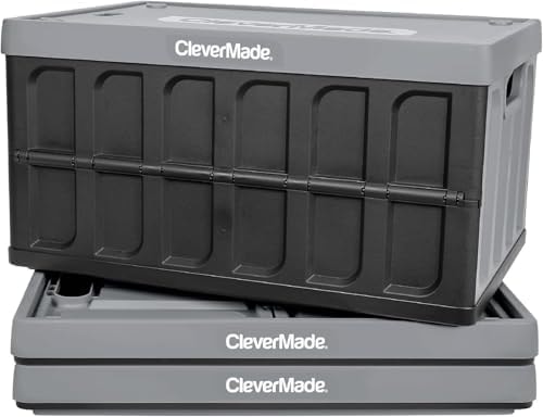 CleverMade Collapsible Storage Bins with Lids, 62L, 3 Pack, Stone