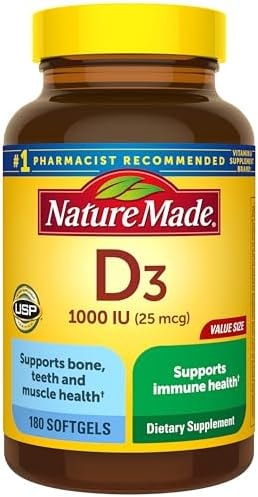 Nature Made Vitamin D3 1000 IU (25 mcg), Vitamin D Supplement for Bone, Muscle and Immune Health Support, 180 Softgels