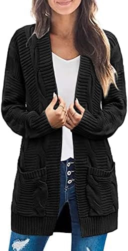 MEROKEETY Women's 2025 Long Sleeve Cable Knit Cardigan Sweaters Open Front Fall Outerwear Coat Pockets, Black, Large