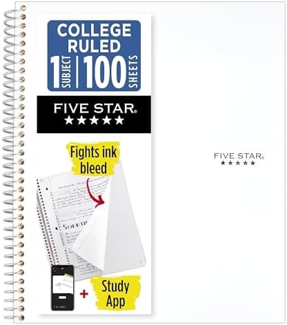 Five Star Spiral Notebook + Study App, 1 Subject, College Ruled Paper, 8-1/2" x 11", 100 Sheets, Fights Ink Bleed, Water Resistant Cover, White (72456)