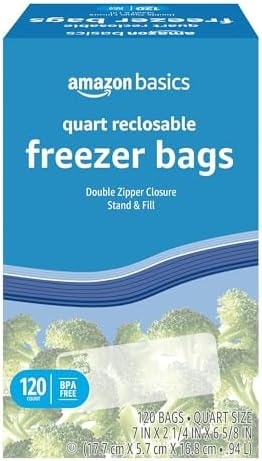Amazon Basics Reclosable Freezer Quart Food Storage Bags with Zipper Seal, BPA Free, Stand and Fill, Airtight, 120 Count (Previously Solimo)