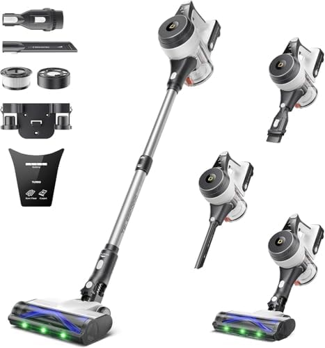 YONNDER Cordless Vacuum Cleaner, 550W 50KPA 70Mins Powerful Vacuum Cleaners for Home, with Anti-Tangle, LED Display Screen, Self-Standing Stick Vacuum for Hardwood Floors/Pet Hair/Carpet, M1, Silver