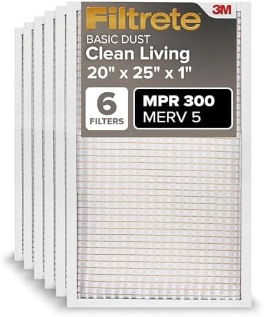 Filtrete 20x25x1 Air Filter MERV 5, 6-Pack AC Furnace HVAC Filters for Home, MPR 300 Basic Dust Defense, Pleated Electrostatic Removes Lint & Dust (Actual Size 19.69x24.69x0.81 in)