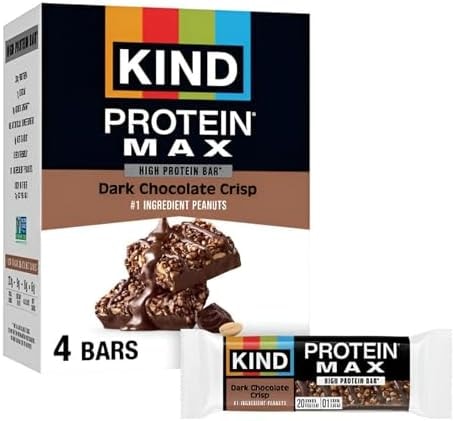 KIND Protein MAX Bars, Dark Chocolate Crisp, Gluten Free, Low Sugar, High Fiber Snacks, 20g Protein, 4 Count