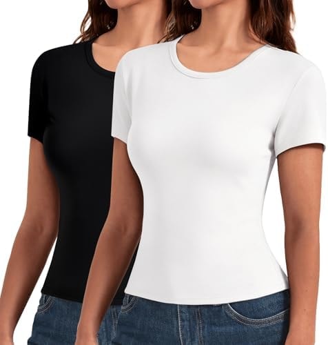Leafigure 2 Pack Basic Tees for Women Black/White L