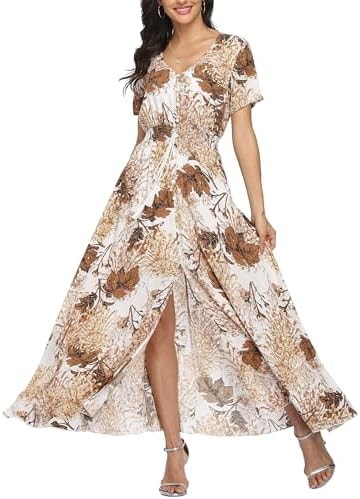 VintageClothing Women's Floral Maxi Dresses Boho Button Up Split Summer Casual Long Dress Beach Party Dress, M