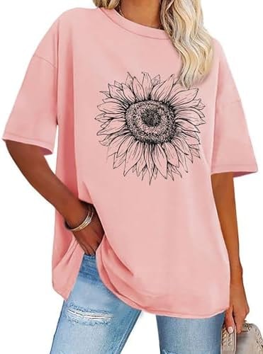 Women Oversized Tshirt Graphic Tees Crew Neck Summer Top, Pink Sunflower, M