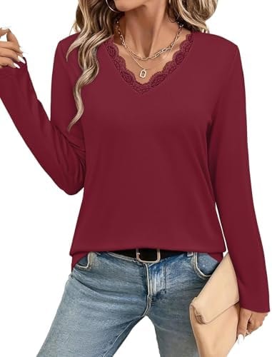 JUSTFASHIONNOW Lace Long Sleeve Tops for Women V Neck T Shirts Business Casual Blouses Cute Tunic Tops Trendy Comfy Tee Winter Outfits 2025 (Wine Red,Medium)