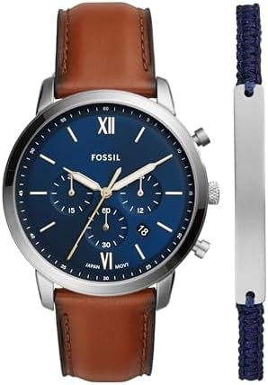 Fossil Men's Watch and Bracelet set, Neutra Quartz Stainless Steel and Chronograph Leather Watch for Men, Color: Silver, Brown Bracelet Set