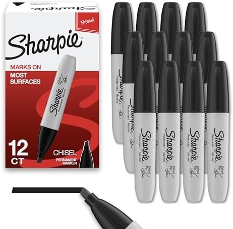 Sharpie Permanent Markers, Chisel Tip, Black, 12 Count - Home, School, Office Supplies