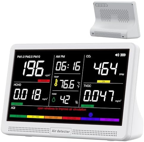 bonoch 16 in 1 Air Quality Monitor Indoor 7" Display 9 AQI+7 Alerts, CO2 Monitor Air Quality Tester for CO2, TVOC, PM2.5 PM1.0 PM10, HCHO Temperature Humidity AQI & Time Air Quality Meter for Home
