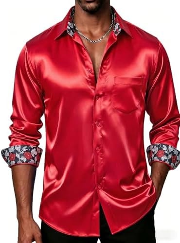 DiBanGu Mens Satin Dress Shirt Shiny Button Up Casual Shirts,Bright Red,3XL