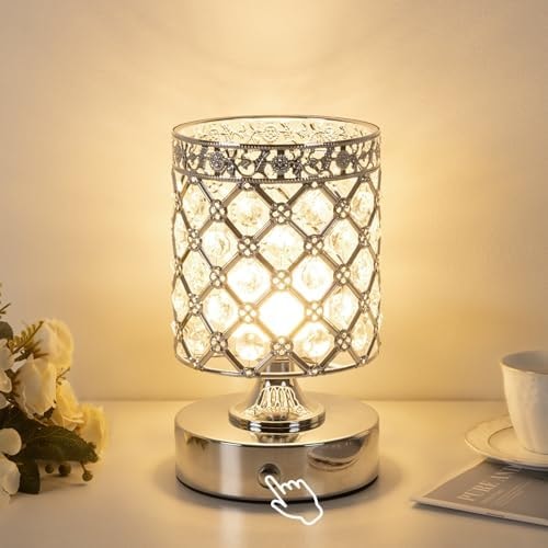 Silver Crystal Rechargeable Cordless Table Lamp, Touch Small Desk Lamp