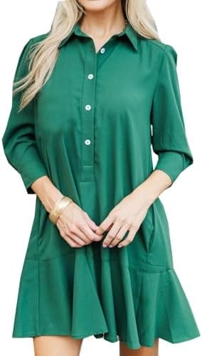 YEXPINE Women's Button Down Long Sleeve Casual Tunic Shirt Dress Flowy Swing Mini Short Shift Dresses Green