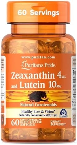 Puritan's Pride Zeaxanthin 4mg with Lutigold™ Lutein 10mg Carotenoids, Dietary Supplement for Healthy Eyes and Vision, 60 Easy-to-Swallow Rapid Release Softgels