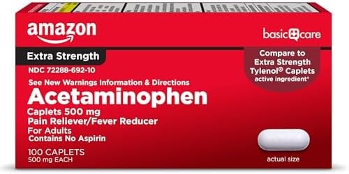Amazon Basic Care Extra Strength Pain Relief, Acetaminophen Caplets, 500 mg, Pain Reliever/Fever Reducer, 100 Count