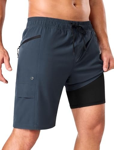 SILKWORLD Mens Swim Trunks Quick Dry 9" Bathing Suit Shorts, Grey, L