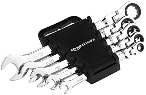 Amazon Basics 72-Tooth Ratcheting Combination Wrench Set, Chrome Vanadium Steel Flexible Head, 5-Piece SAE Sizes 5/16", 3/8", 1/2", 9/16", 11/16", Chrome Finish
