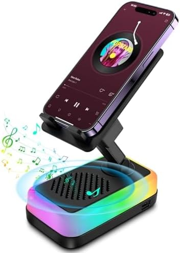 Anyyuk Wireless Induction Speaker, 5-in-1 Bluetooth Speaker with Phone Stand, RGB Light, 3000mAh Emergency Charging Adjustable Holder for iPhone/Android/iPad, Cool Gadget Gift for Men Women Teens
