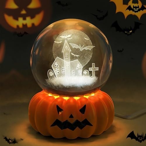 L LOHAS LED 3D Crystal Ball Night Light-Laser Engraved Haunted House Bat